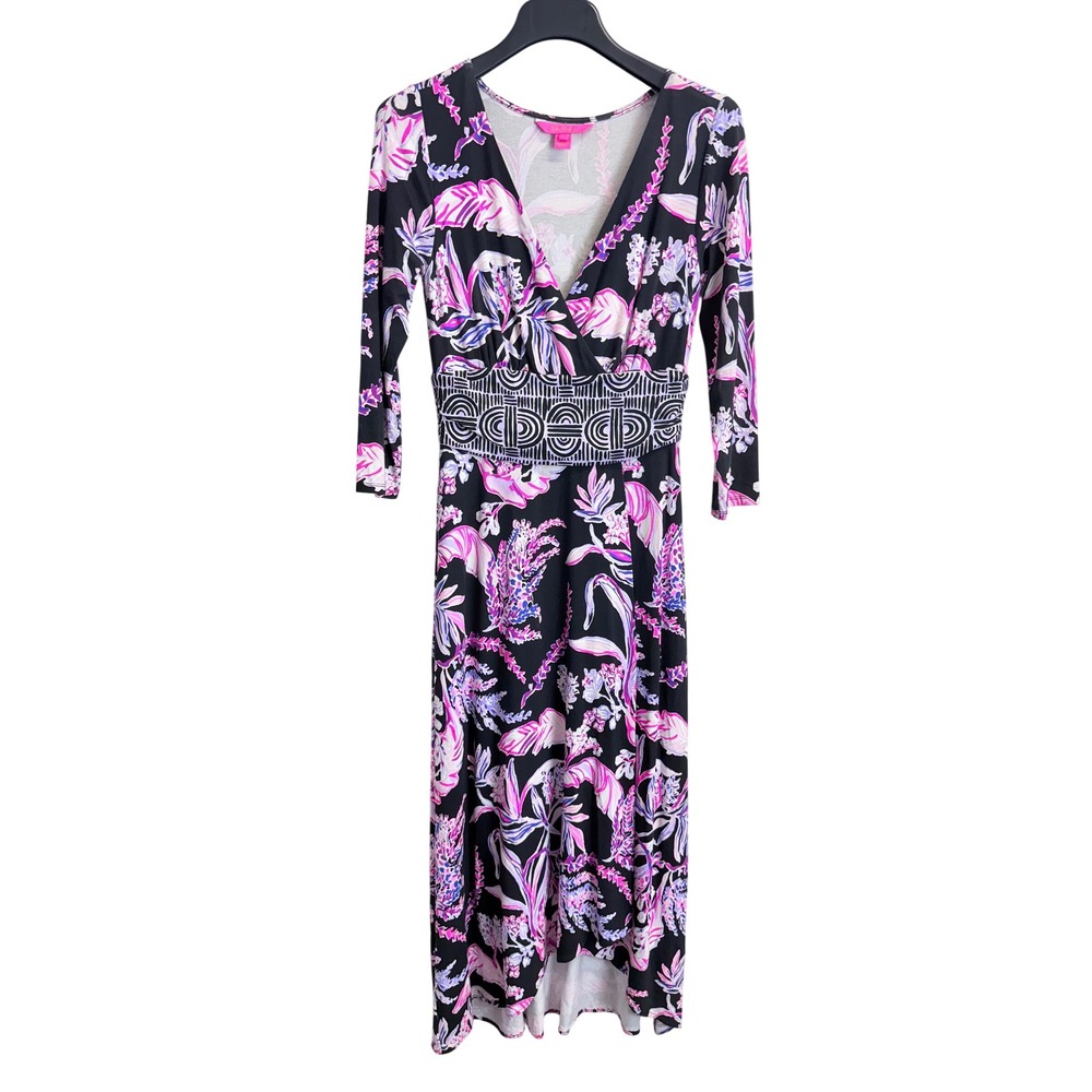 Lilly Pulitzer Fleuris Midi Dress in the Onyx Wild Within Women's S Knit Stretch